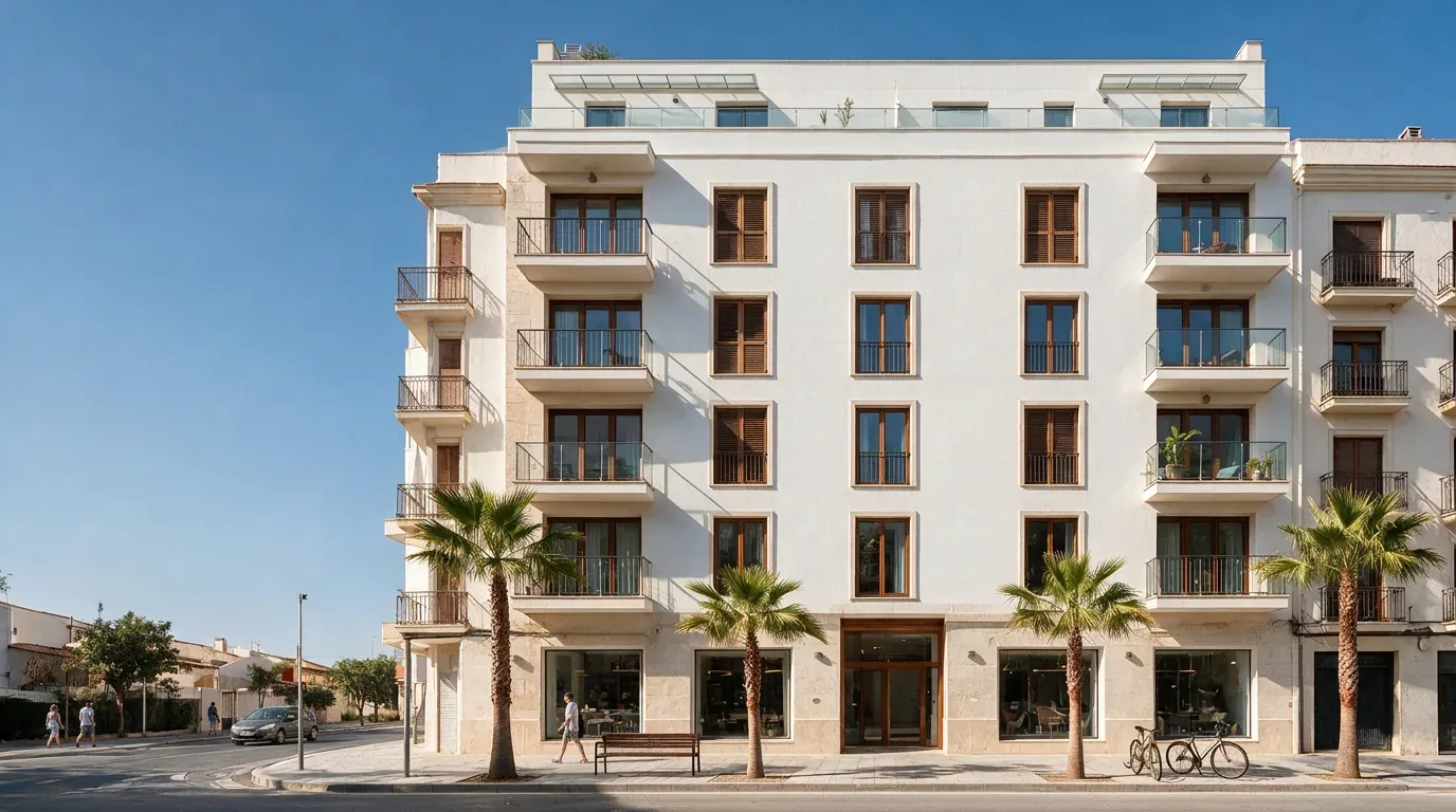 Edificio residencial moderno con fachada clara recién rehabilitada, balcones y carpintería oscura